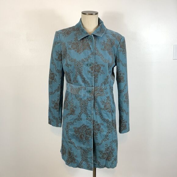 Janeville Jackets & Blazers - Janeville Teal Blue and Brown Floral Corduroy Longline Jacket Size 10 Y2K